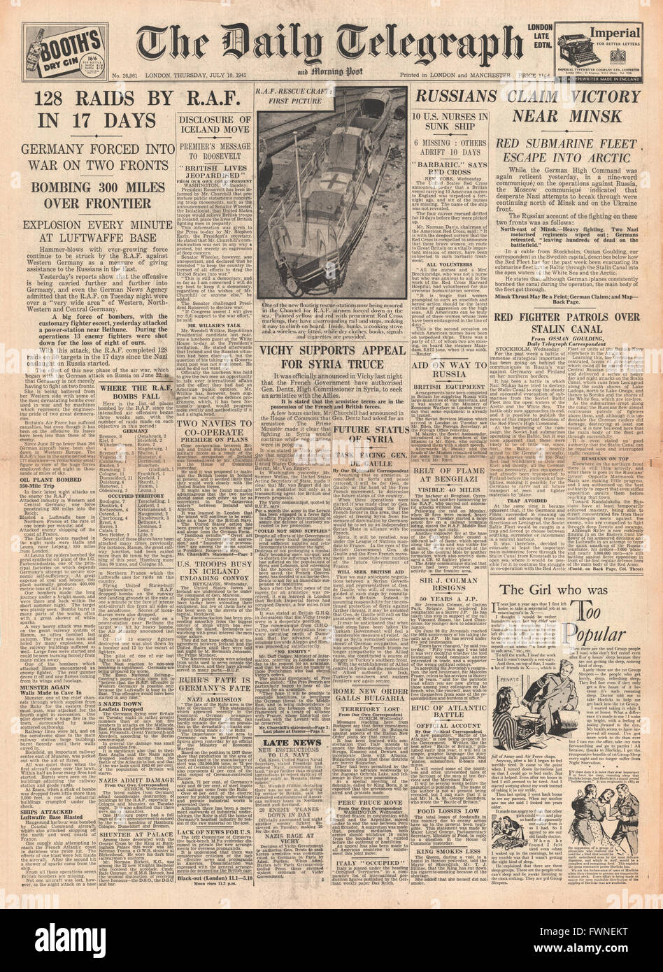 1941-Titelseite Daily Telegraph RAF Bombardierung Überfälle über Deutschland und Kampf um Minsk Stockfoto