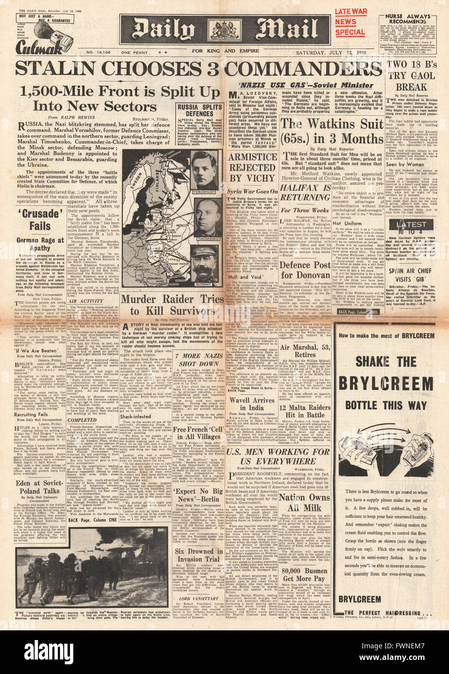 1941 Titelseite Daily Mail Stalin ernennt drei neue Kommandeure, Semjon Budyonny, Semjon Timoschenko und Kliment Woroschilow Stockfoto