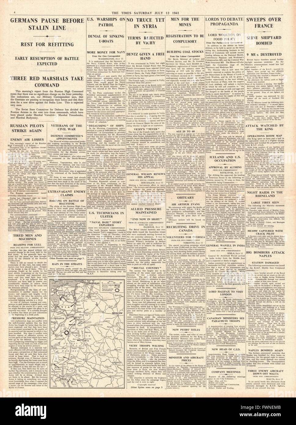 1941-Seite 4 The Times Stalin ernennt drei neue Kommandeure, Semyon Budyonny, Semyon Timoshenko und Kliment Voroshilov, deutschen Vormarsch in Russland und Vichy Frankreich ablehnen Britains Begriffe auf Syrien statt Stockfoto