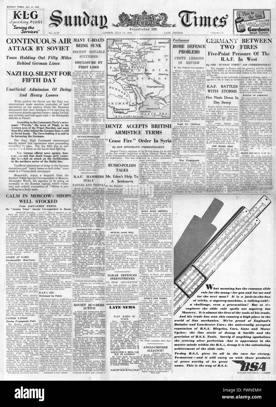 1941-Titelseite Sunday Times Schlacht für Russland und General Dentz akzeptiert britische Waffenstillstand in Syrien Stockfoto