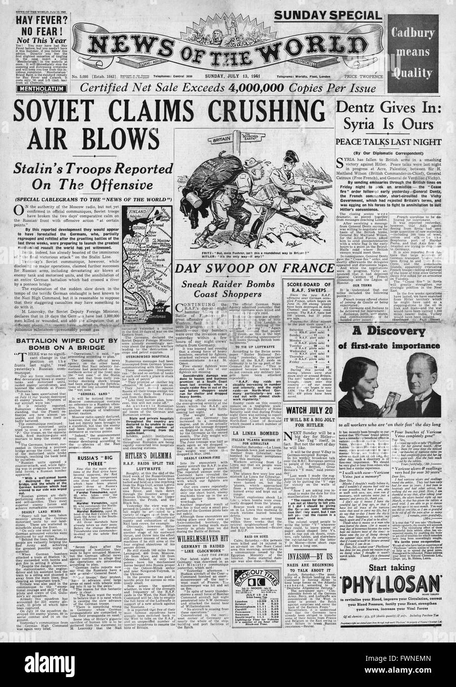 1941-Titelseite Nachrichten der Welt russische Luftwaffe Halt Deutsch Vorauszahlung Stockfoto