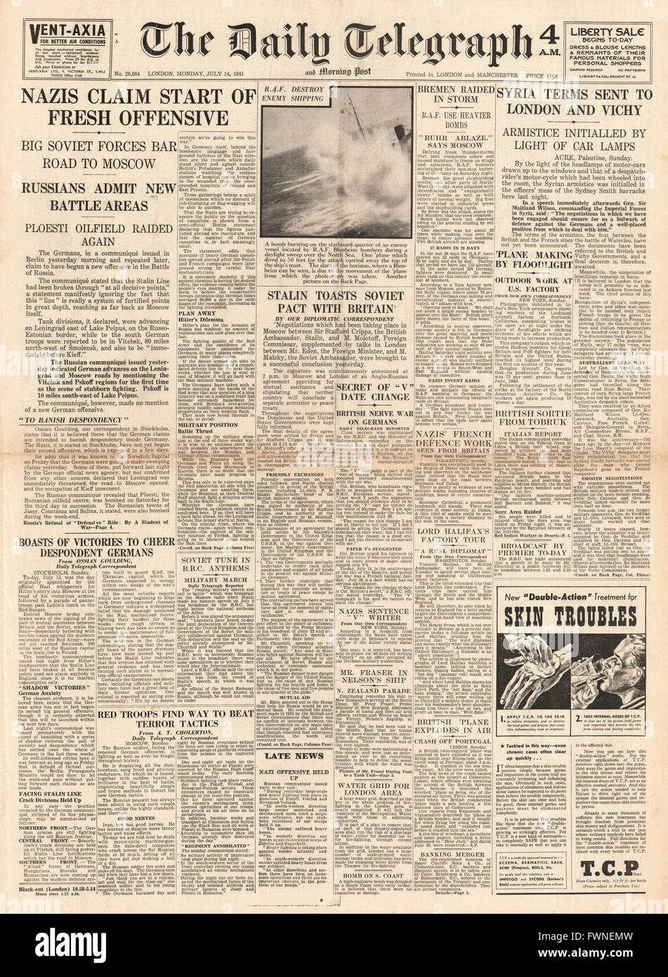 1941-Titelseite Daily Telegraph neue deutsche offensive in Russland, Sowjet Pakt mit Großbritannien und Waffenstillstand Bedingungen in Syrien Stockfoto