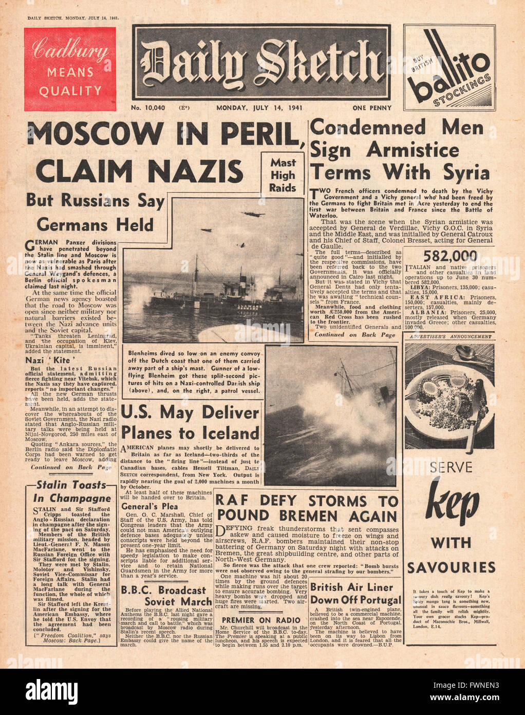 1941-Titelseite Daily Sketch deutschen behaupten Moskau in Gefahr Stockfoto