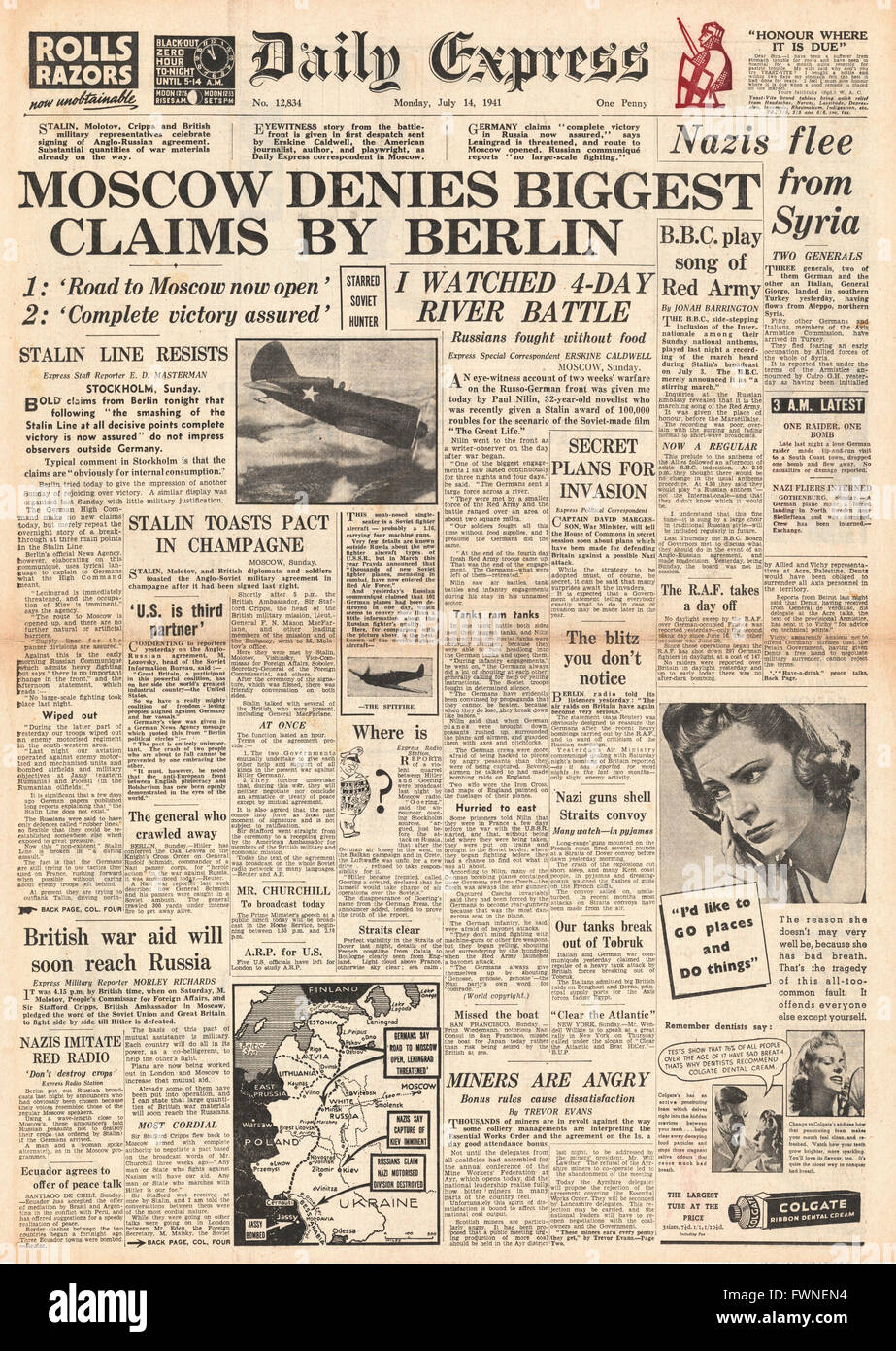 1941 Titelseite Daily Express deutschen behaupten Moskau in Gefahr Stockfoto