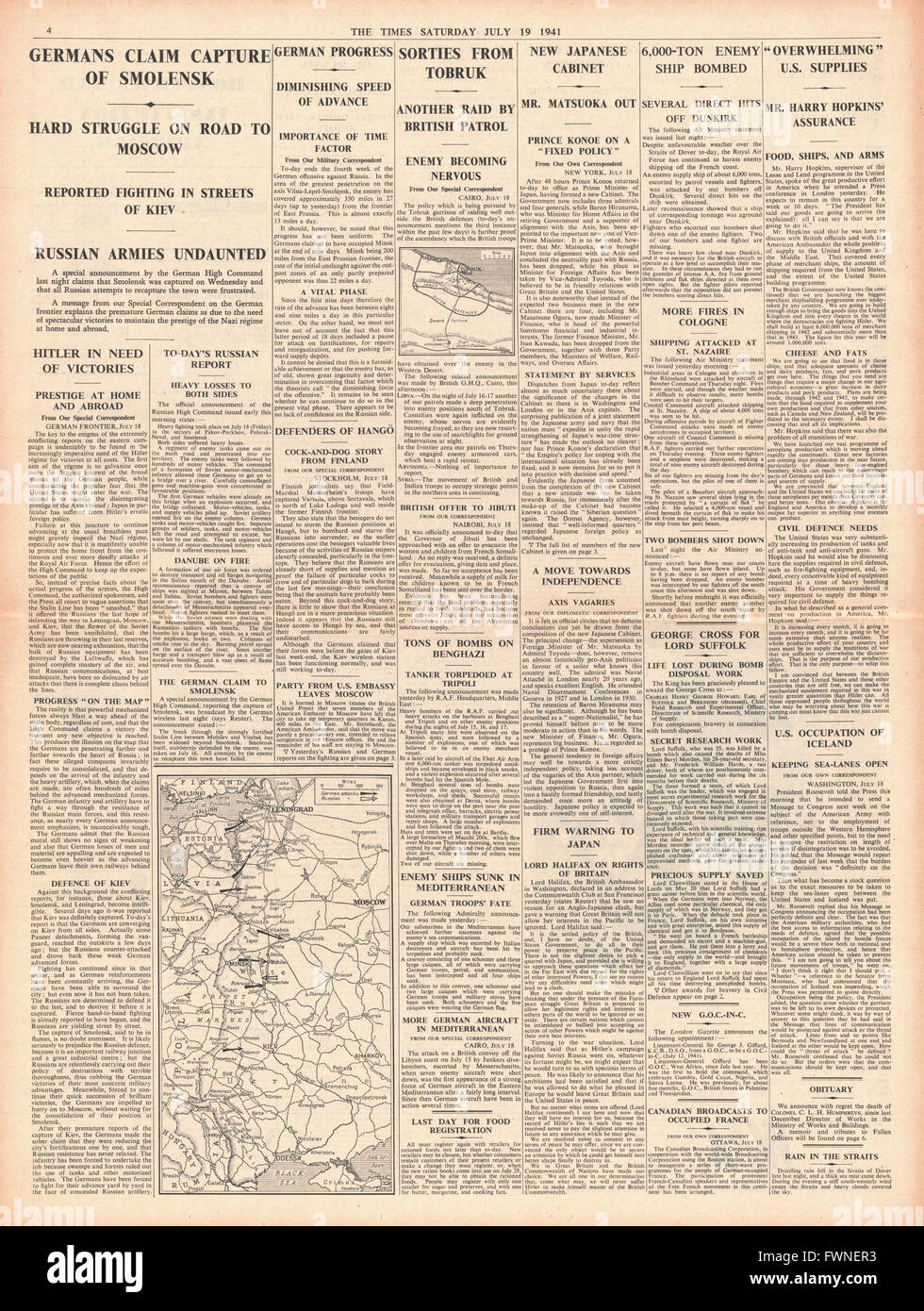 1941 s. 4 The Times Deutsch Kräfte erfassen Smolensk Stockfoto
