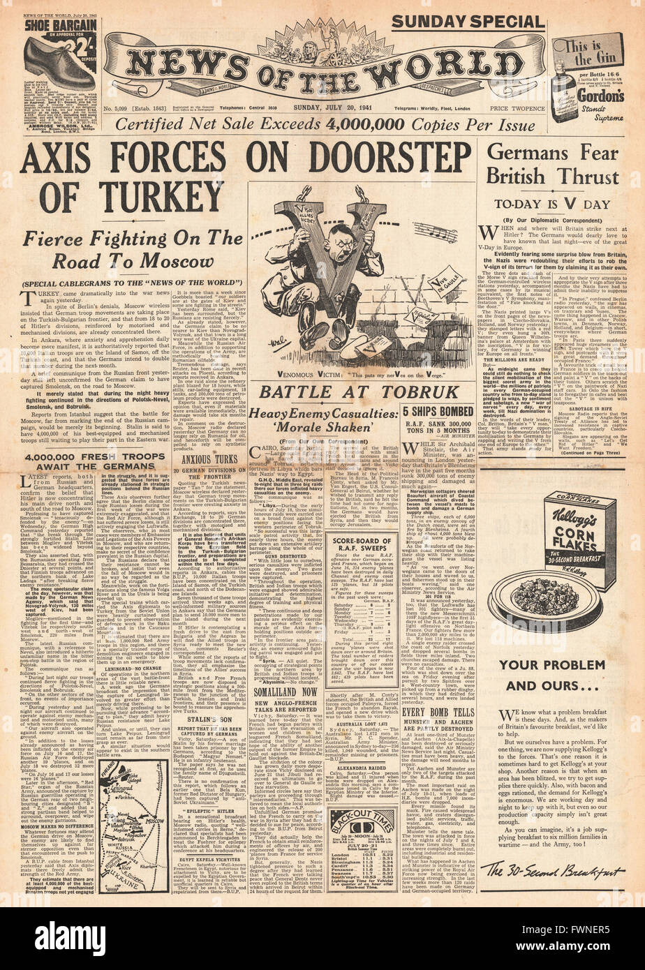 1941-Titelseite Nachrichten über die Welt Achsenmächte auf türkischen Grenze und Schlacht von Tobruk Stockfoto