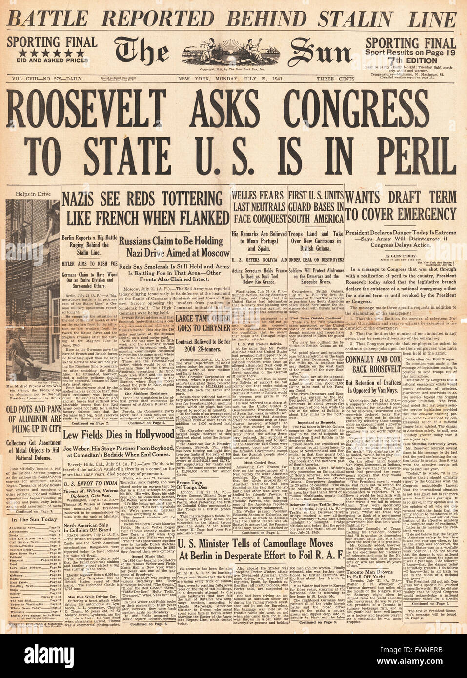 1941-Titelseite der Sonne New Yorker Roosevelt sagt U.S. "In Gefahr" Stockfoto