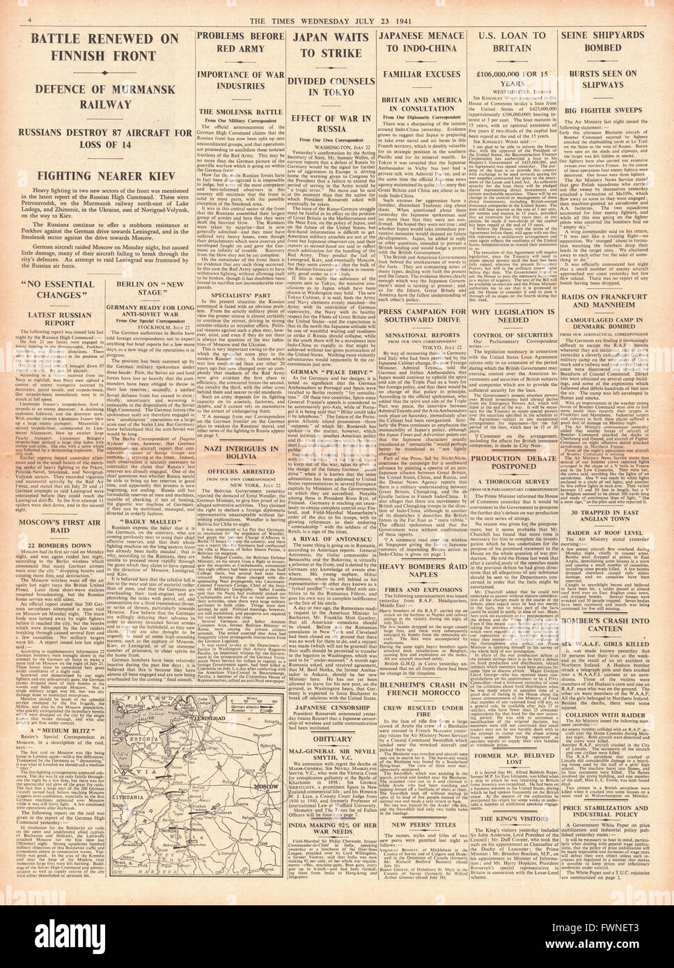 1941-Titelseite der Times schwere Kämpfe auf Finlands Frontier, Schlacht um Russland und japanische Bedrohung nach Indo-China Stockfoto