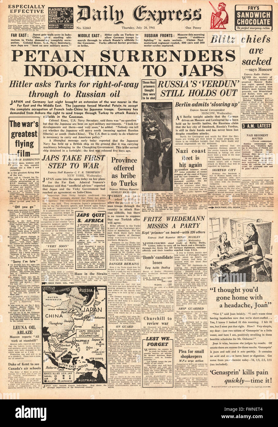 1941-Titelseite Daily Express Marschall Petain hingibt Indo - China nach Japan Stockfoto