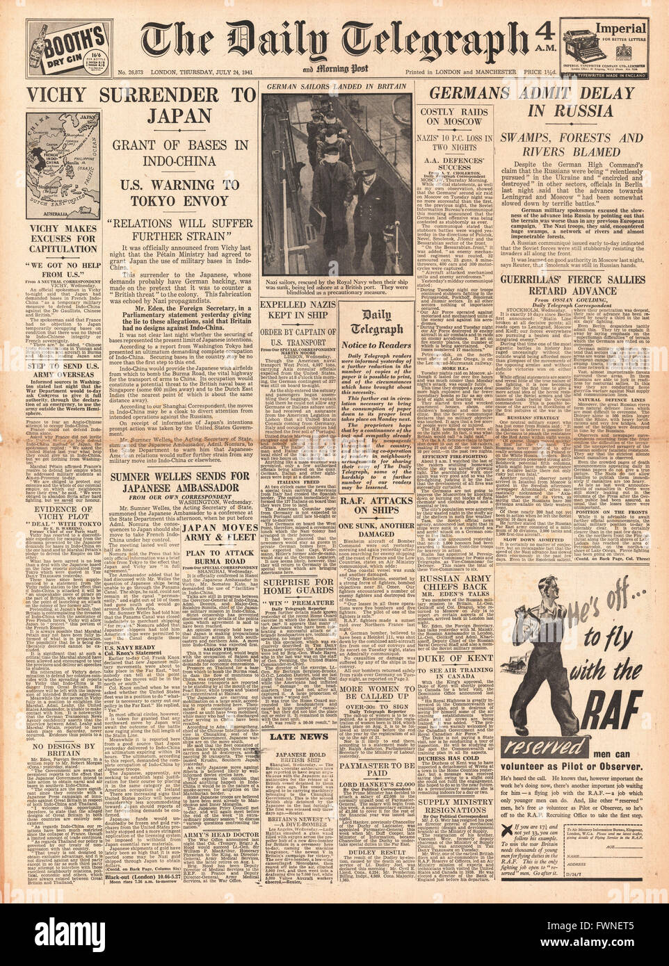 1941-Titelseite Daily Telegraph Marschall Petain hingibt Indo - China nach Japan Stockfoto