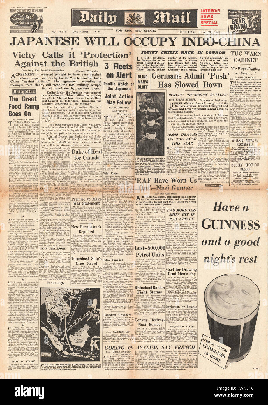 1941-Titelseite Daily Mail Marschall Petain hingibt Indo - China nach Japan Stockfoto