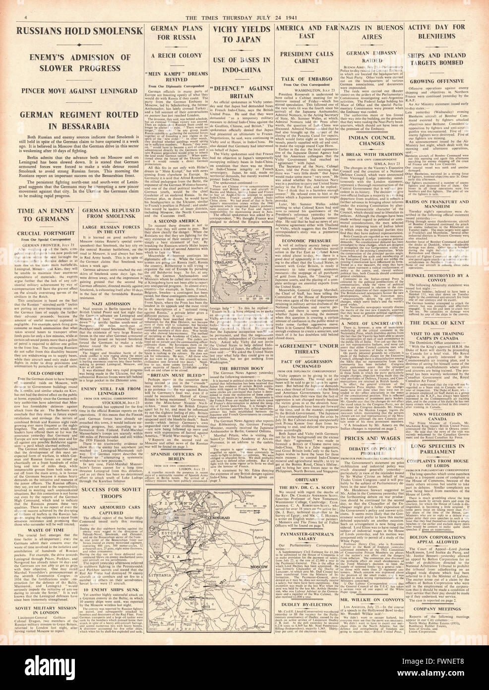 1941 s. 4 The Times Marschall Petain hingibt Indo - China nach Japan Stockfoto
