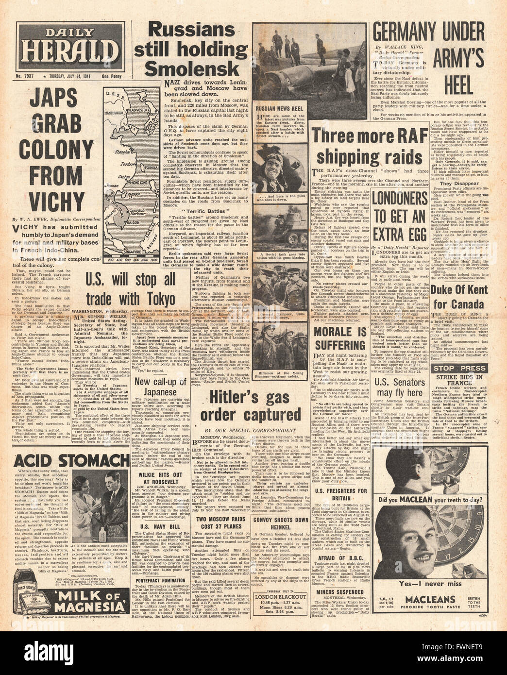 1941-Titelseite Daily Herald Marschall Petain hingibt Indo - China nach Japan Stockfoto