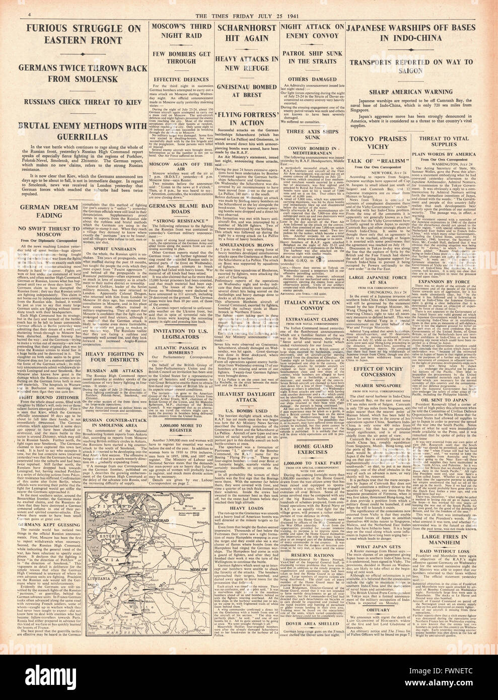 1941 Seite 4 The Times furiosen Kämpfen an der Ostfront, Luftwaffe Bombardierung Angriff auf Moskau und japanische Kriegsschiffe aus Küste von Indo-China Stockfoto