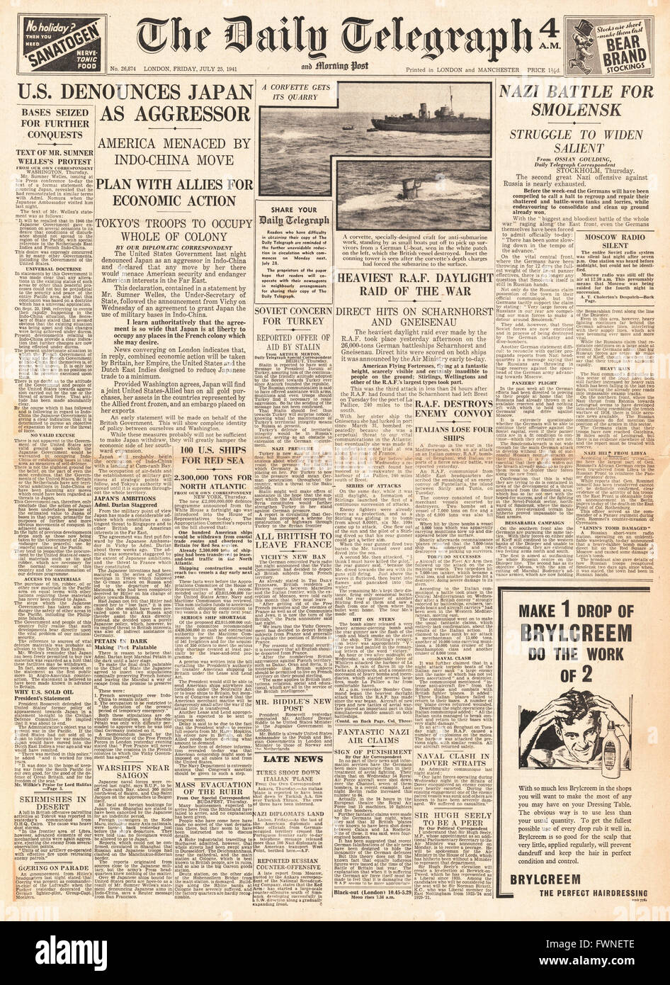1941-Titelseite Daily Telegraph US prangert Japan als Aggressor, Schlacht um Smolensk und RAF Tageslicht Angriff auf Brest Stockfoto