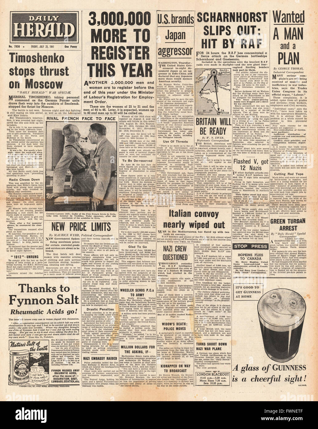 1941-Titelseite Daily Herald USA prangert Japan als Aggressor, Schlacht um Smolensk und RAF Tageslicht Angriff auf Brest Stockfoto