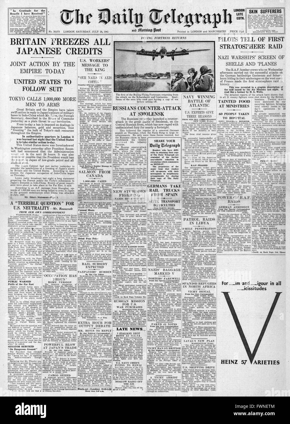 1941-Titelseite Daily Telegraph Großbritannien und USA stoppen alle mit Japan Handel Stockfoto