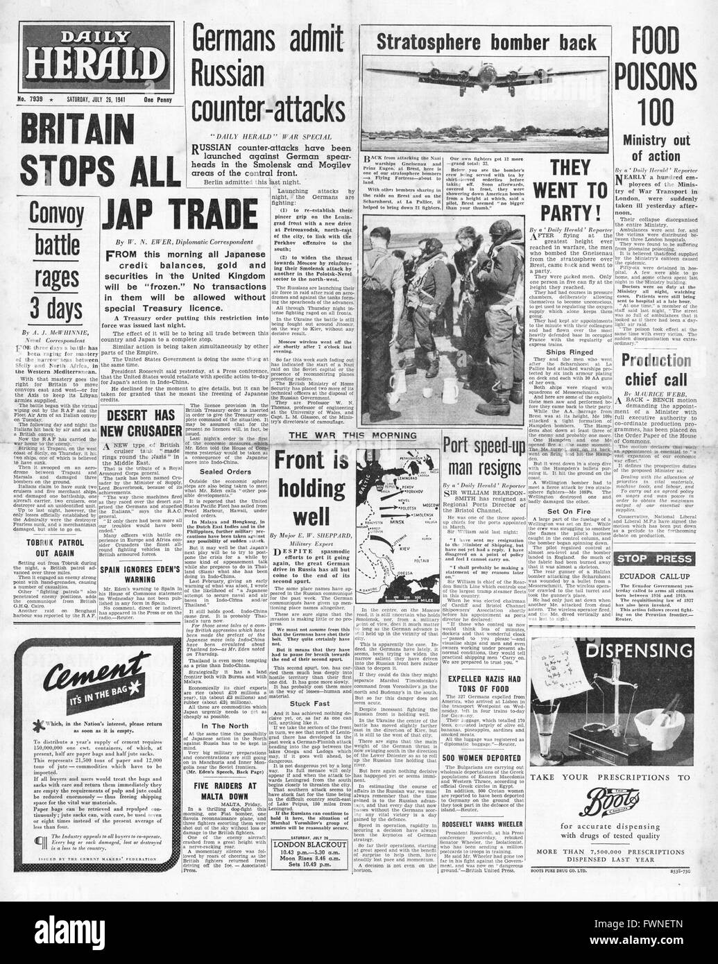 1941-Titelseite Daily Herald Großbritannien und USA stoppen alle mit Japan Handel Stockfoto