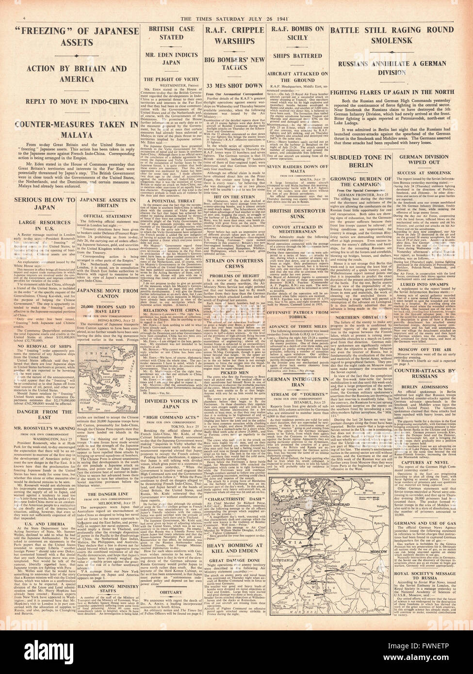 1941 s. 4 The Times Großbritannien und USA stoppen alle mit Japan und Kampf um Smolensk Handel Stockfoto