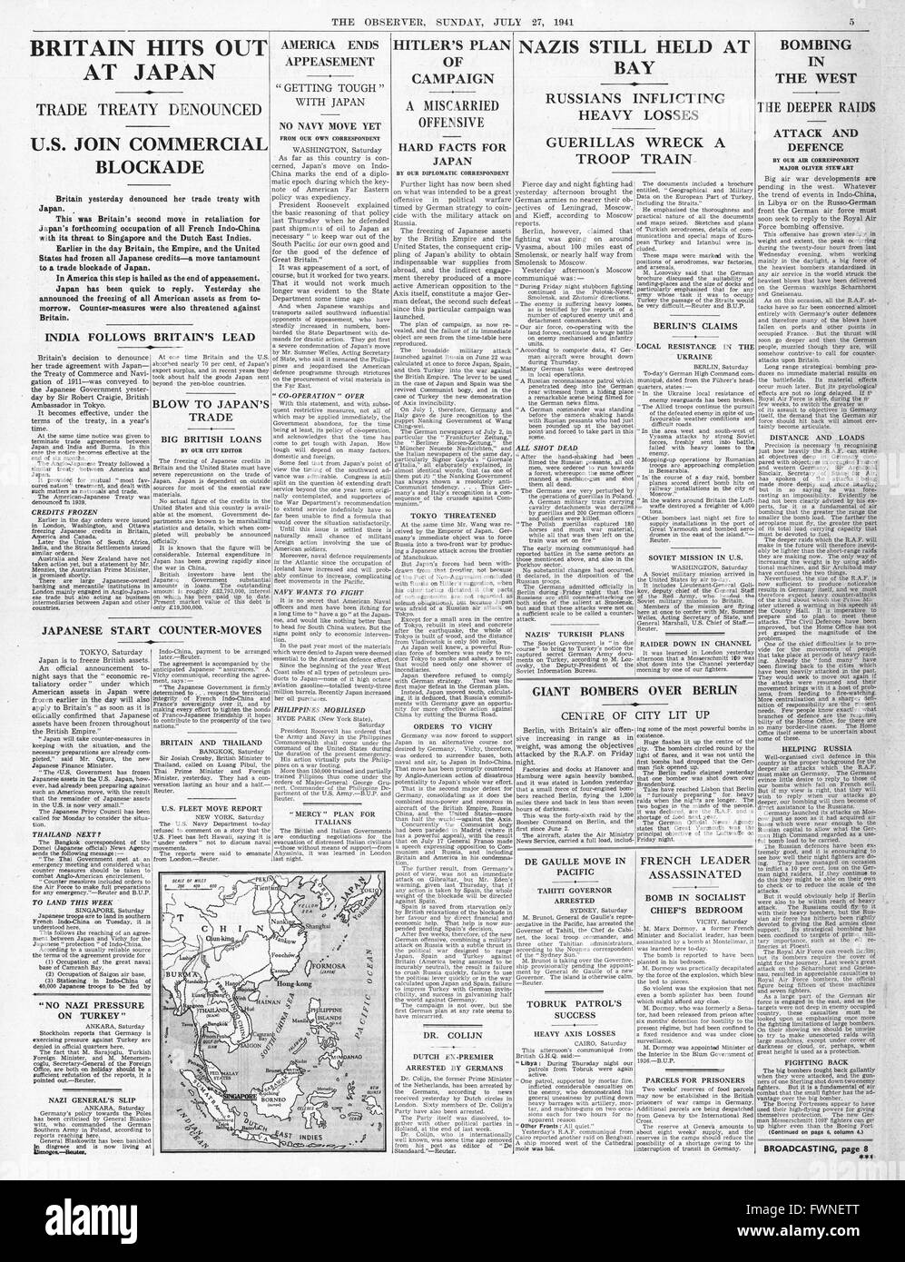 1941, Seite 5, die Beobachter Großbritannien und USA stoppen alle mit Japan und Kampf um Smolensk Handel Stockfoto