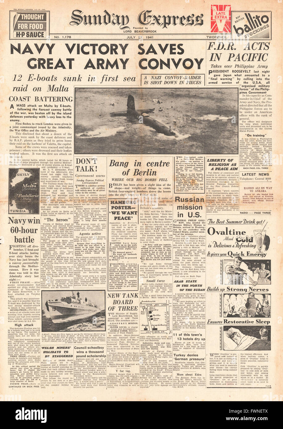 1941-Titelseite Sunday Express RAF versenken E-Booten vor Malta Stockfoto
