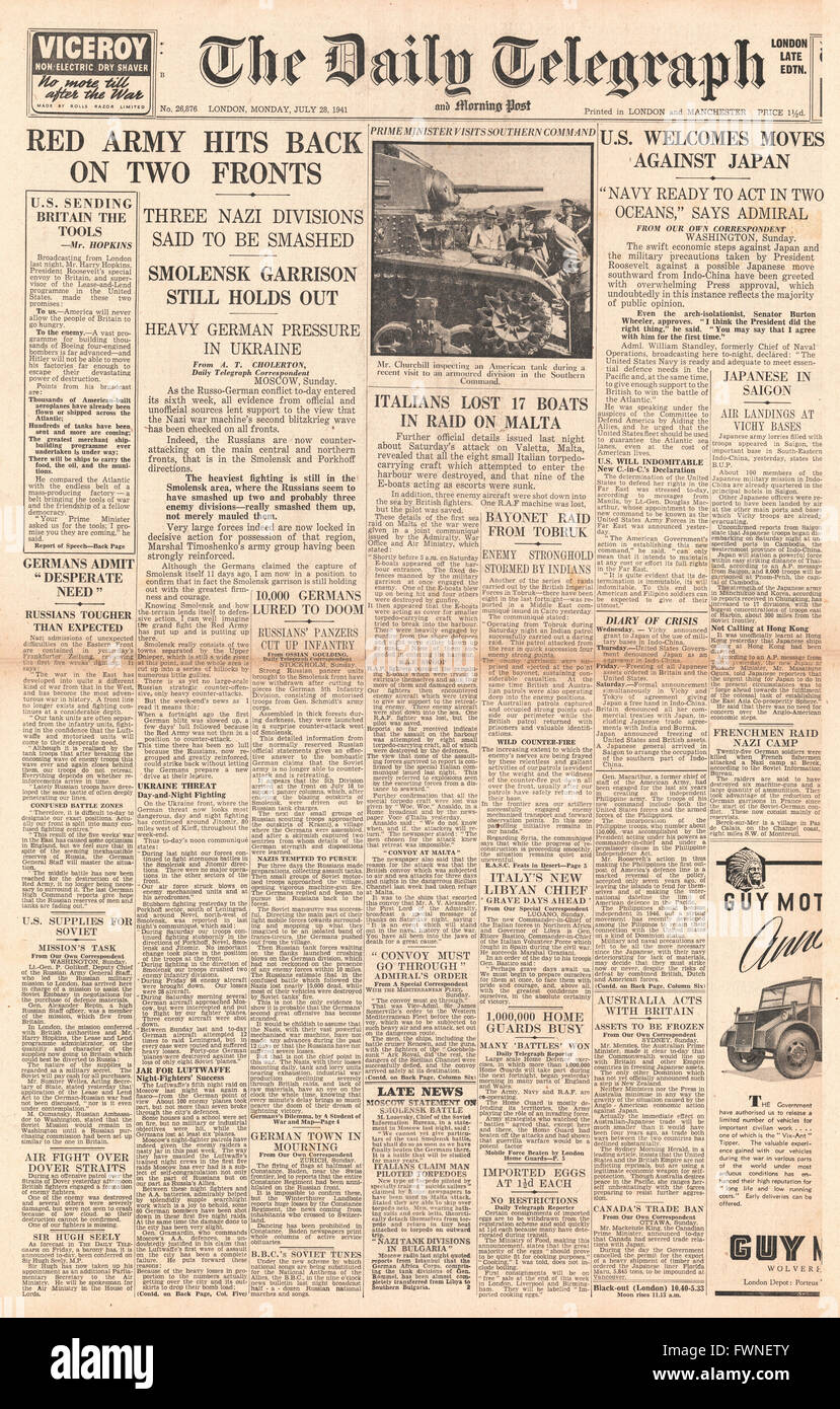 1941-Titelseite Daily Telegraph russische Armee Gegenangriff auf zwei Fronten und Handel Blockade gegen Japan Stockfoto