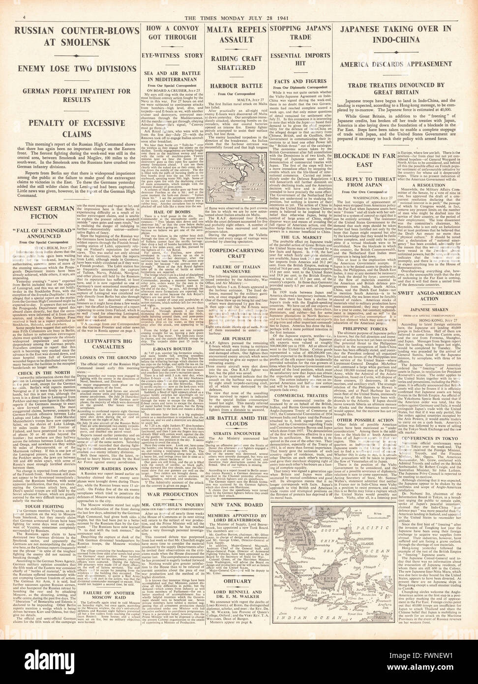 1941-Seite 4 The Times russischen Gegenangriff bei Smolensk, Japanisch übernehmen in Indochina und E-Boot Angriff abgewehrt vor Malta Stockfoto