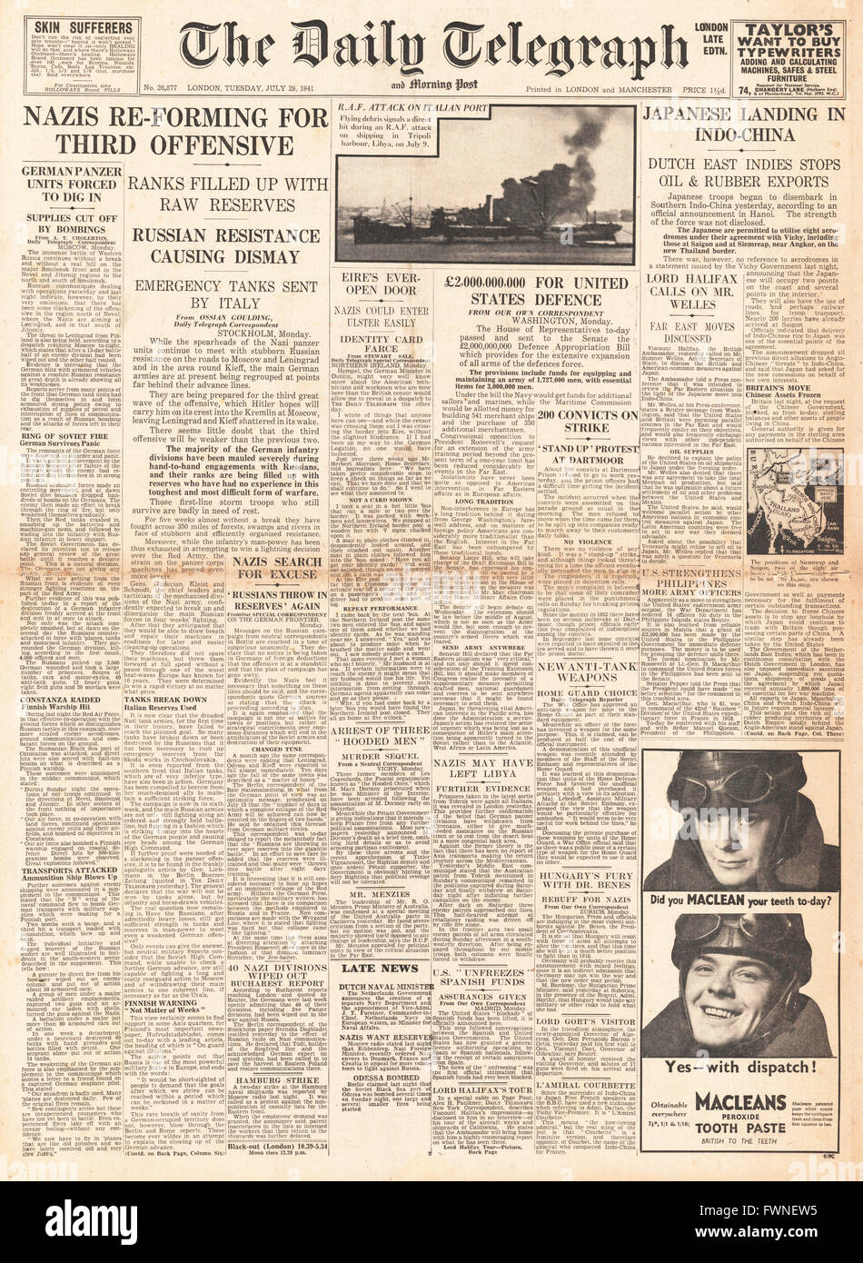 1941-Titelseite Daily Telegraph Deutsch Armee neue Offensive und japanische Truppen landen in Indochina Stockfoto