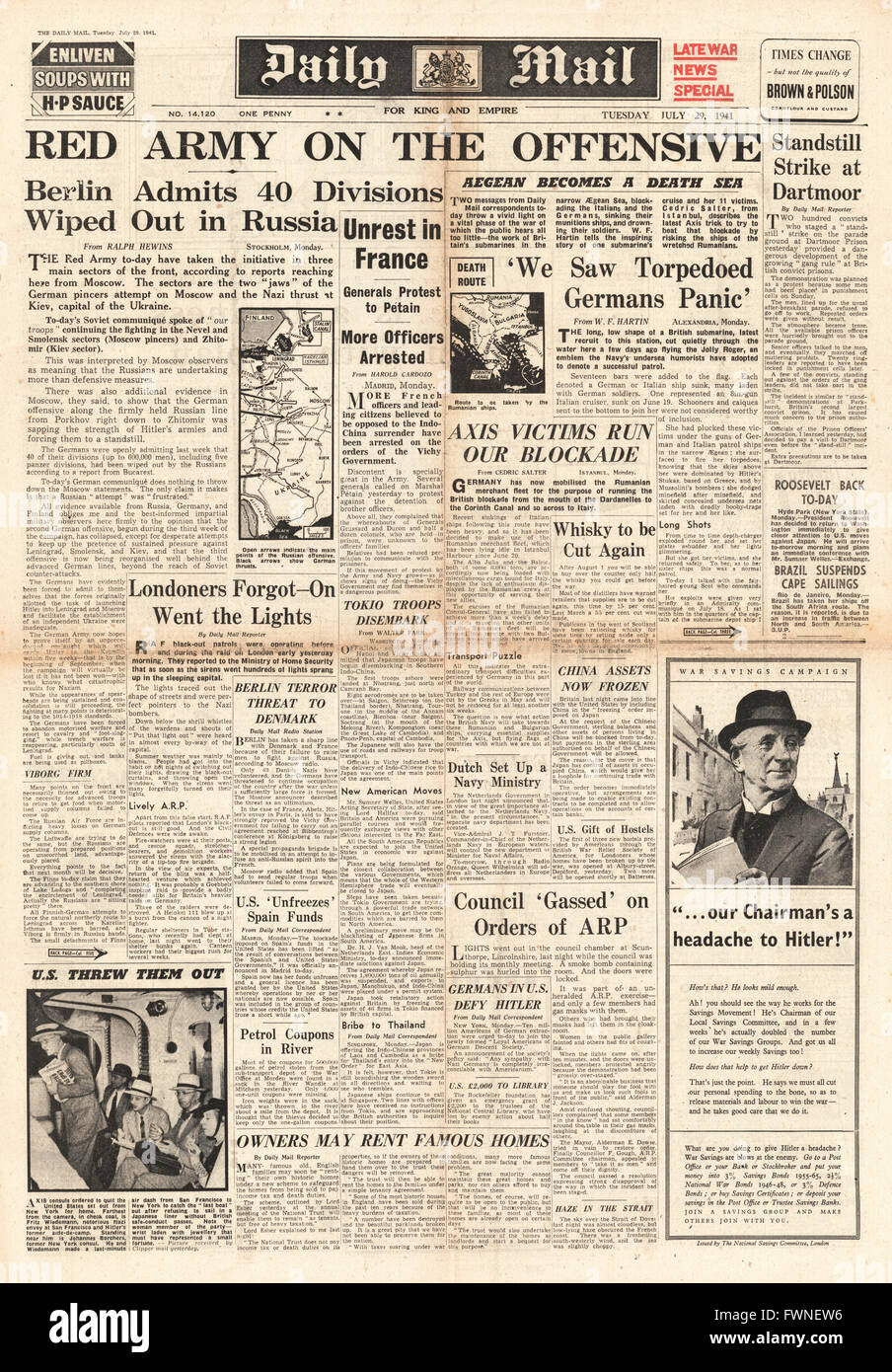 1941-Titelseite Daily Mail russischen Armee in die offensive Stockfoto