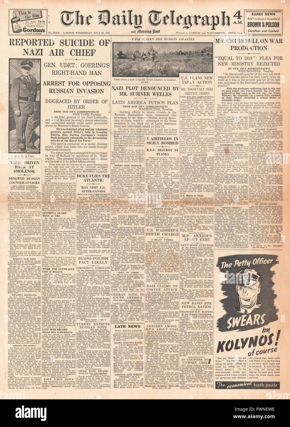 1941-Front Seite Daily Telegraph MP unzufrieden mit Krieg-Produktion und falscher Bericht Selbstmord von General Ernst Udet Stockfoto