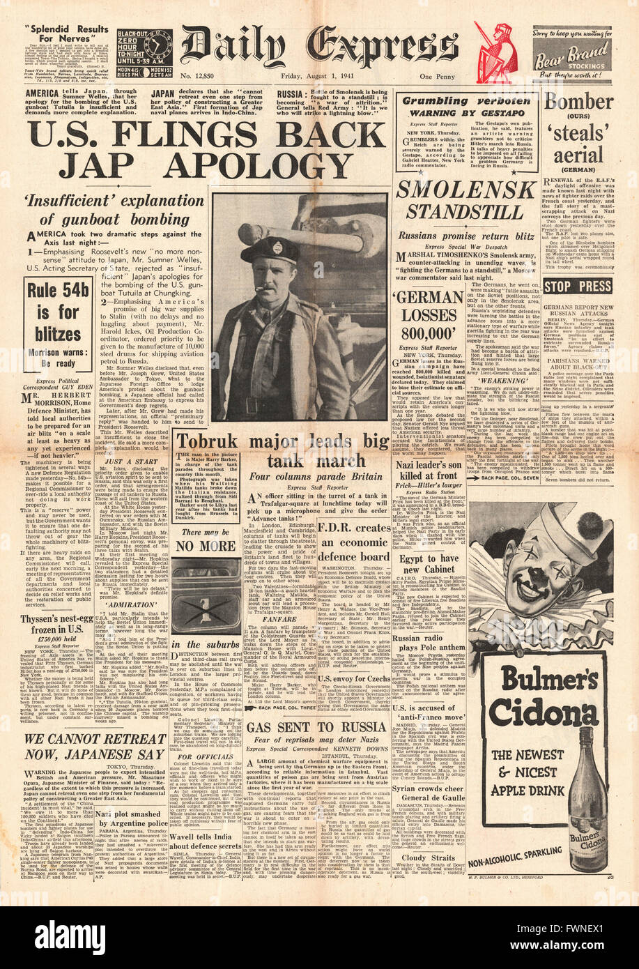 1941-Titelseite Daily Express U.S. ablehnen japanische Entschuldigung Stockfoto