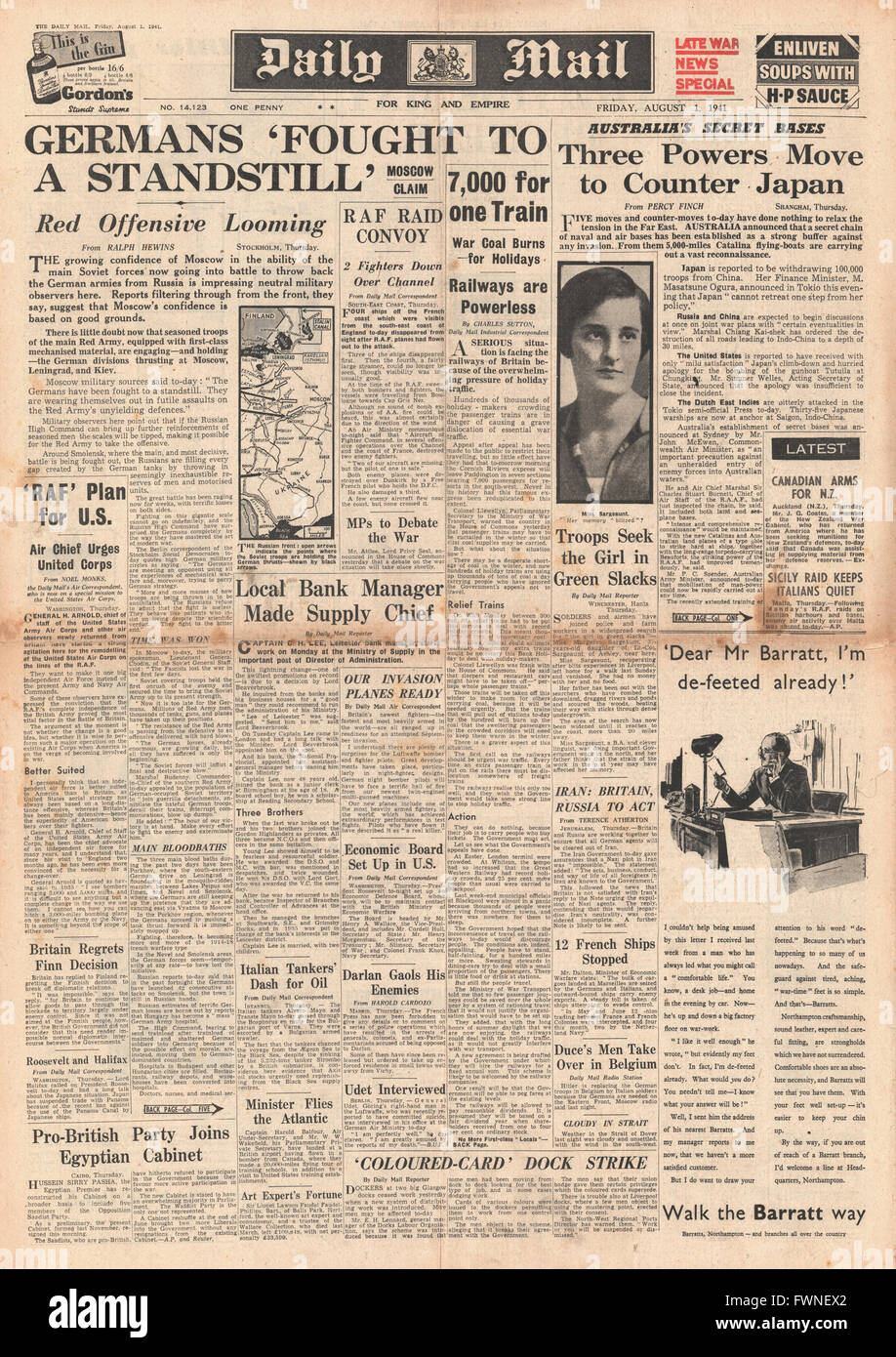 1941 kämpfte Titelseite Daily Mail Bundeswehr zu Stillstand und Alliierten Moves gegen Japan Stockfoto