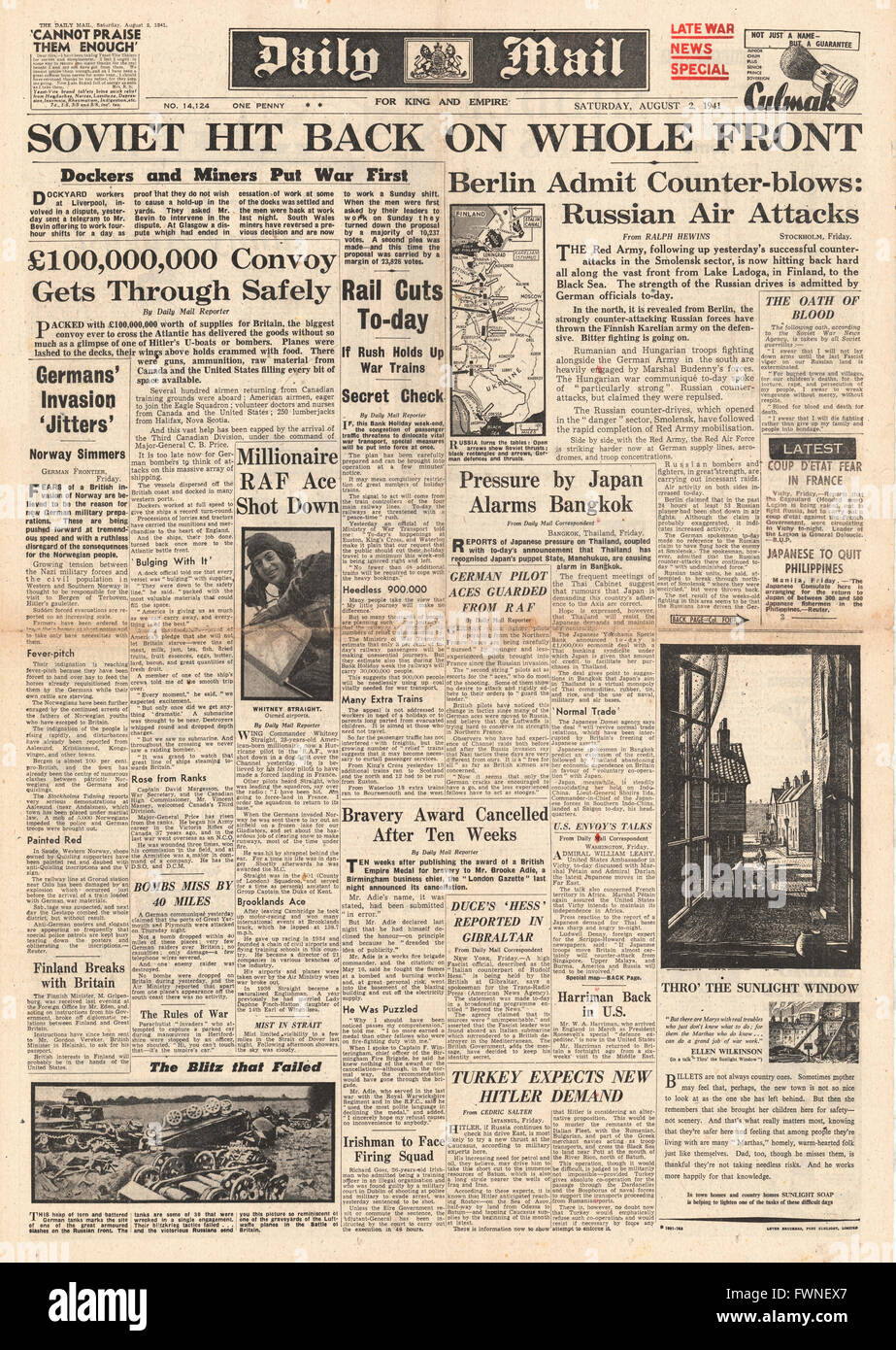 1941-Titelseite Daily Mail russischen Gegenangriff entlang der Ostfront Stockfoto