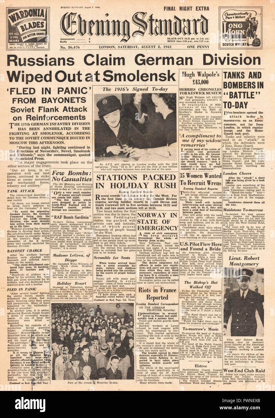 1941-Titelseite Abend Standard Russen Anspruch Sieg bei Smolensk Stockfoto
