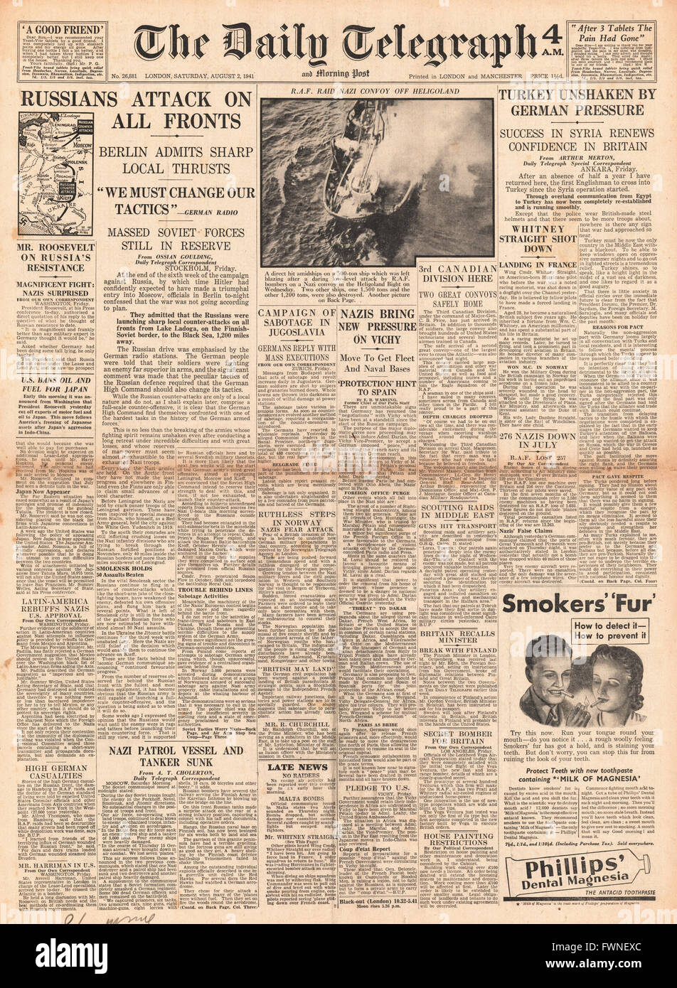 1941-Titelseite Daily Telegraph russischen Gegenangriff entlang der Ostfront, Masse Hinrichtungen in Jugoslawien und der Türkei erschüttert durch deutsche Druck Stockfoto