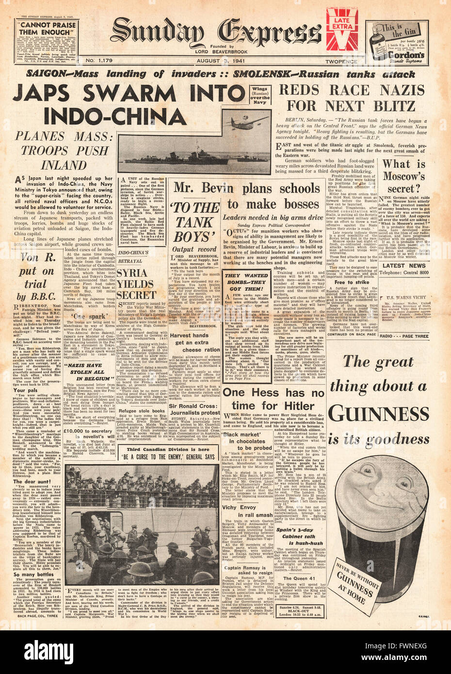 1941-Titelseite Sunday Express japanische Invasion Indo-China Stockfoto