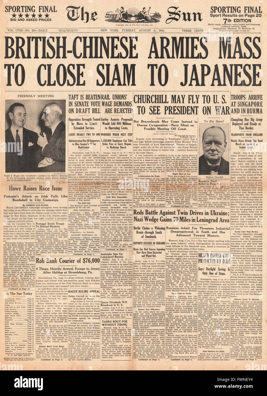 1941-Titelseite der Sonne (New York) britischen und chinesischen Armee Masse im Fernen Osten Stockfoto