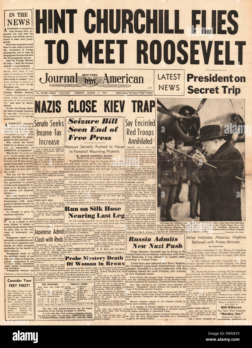 1941 kann Titelseite New York Journal amerikanischen Churchill fliegen um Roosevelt und Bundeswehr Vorschuss auf Kiew zu erfüllen Stockfoto