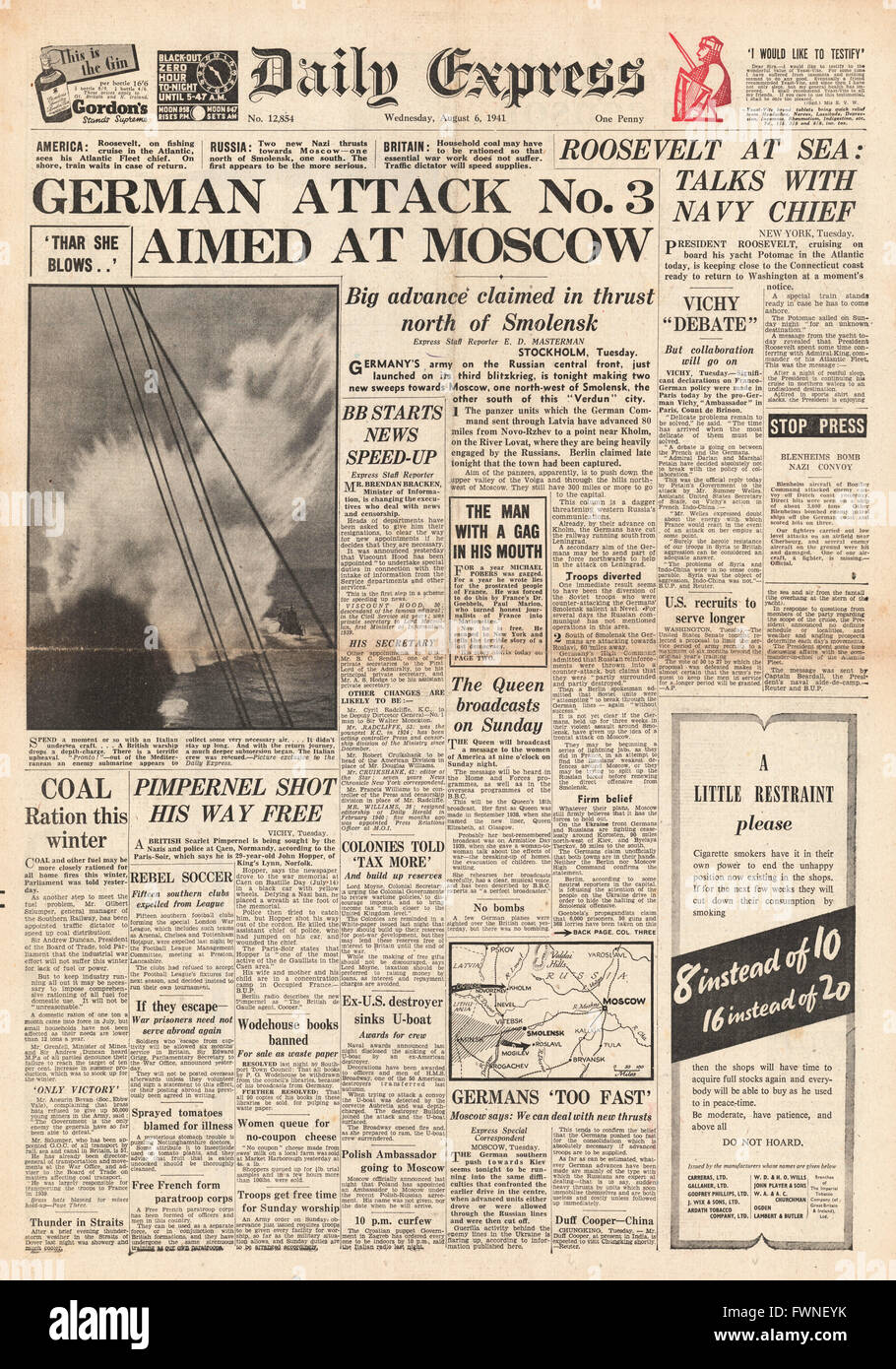 1941-Titelseite Daily Express Deutsch Angriff auf Moskau und Roosevelt ausgerichtet Kreuzfahrten auf seiner Yacht Potomac Stockfoto
