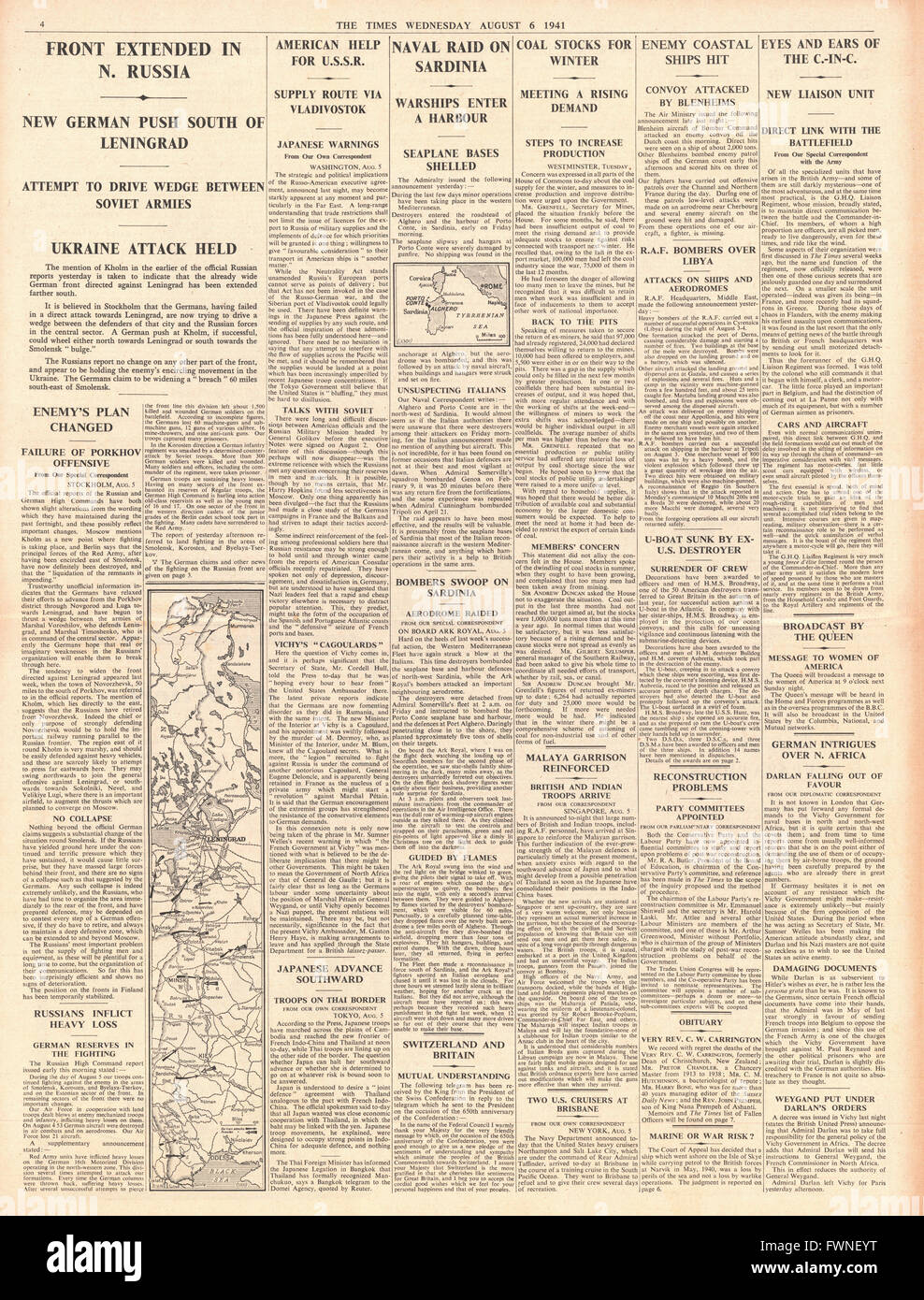 1941 s. 4 The Times Deutsch Armee voraus an Ostfront und Royal Navy bombardieren Sardinien Stockfoto