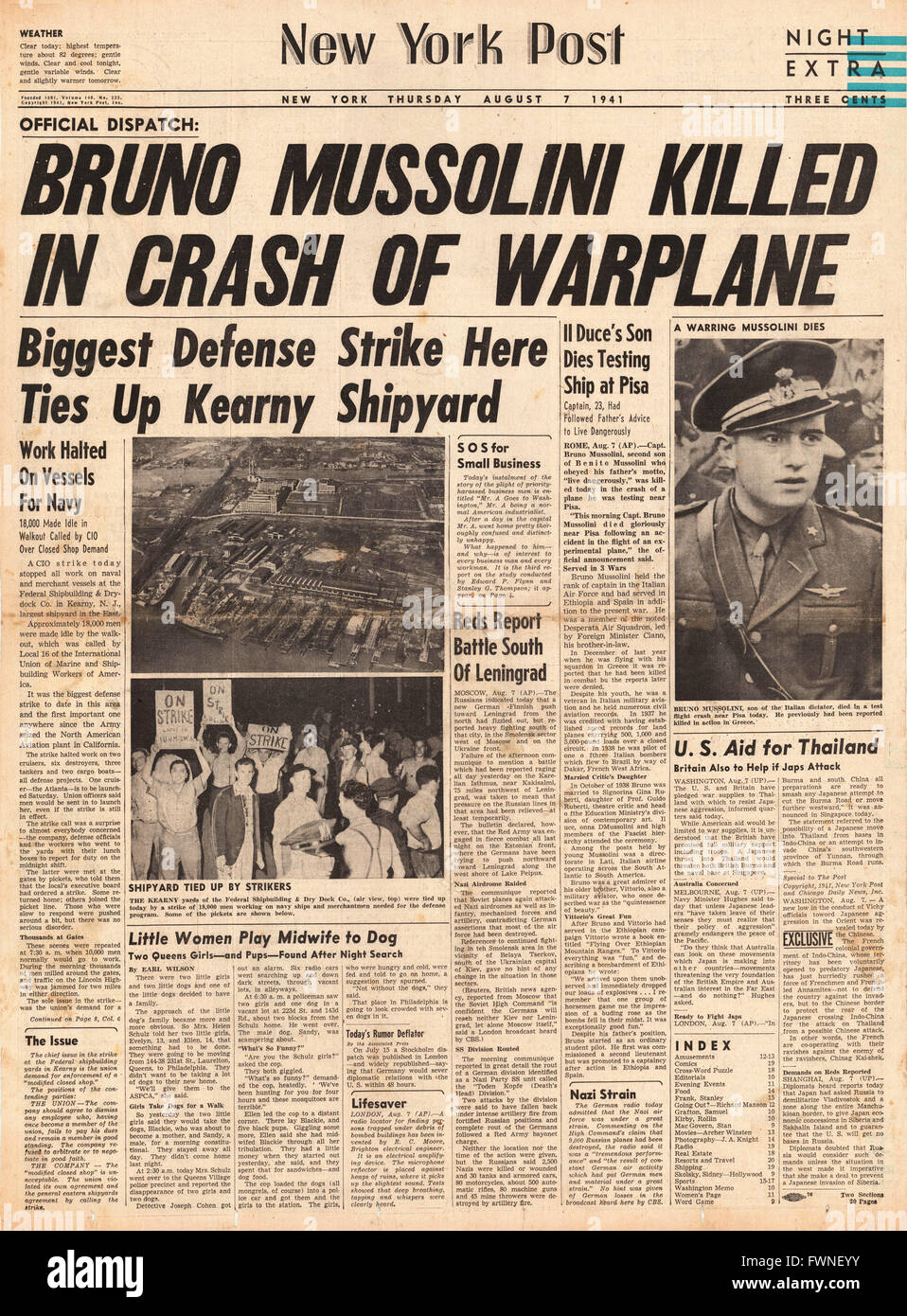 Titelseite 1941 New York Post Bruno Mussolini bei Flugzeugabsturz getötet Stockfoto