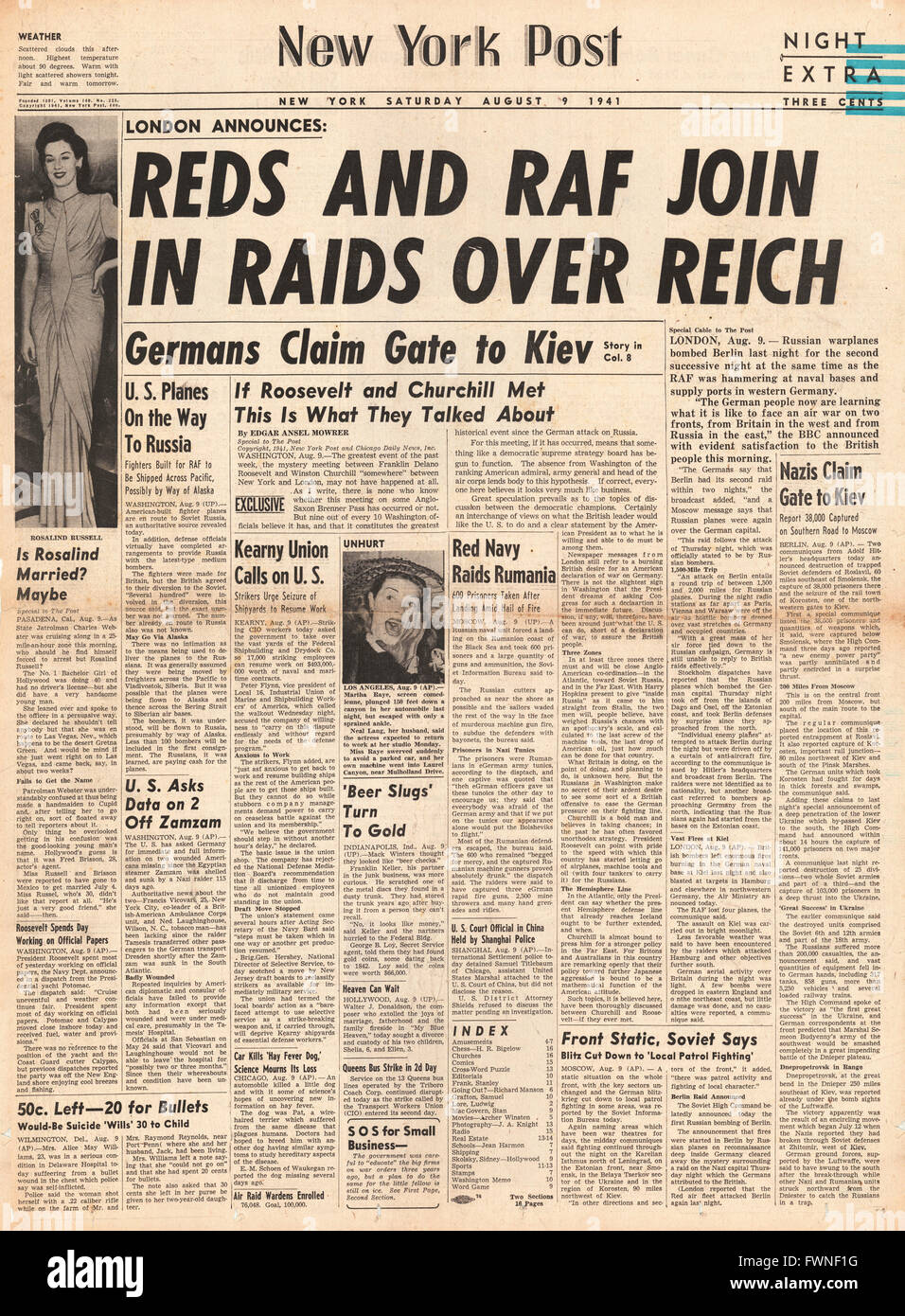 Titelseite 1941 New York Post ersten russischen Luftangriff auf Berlin Stockfoto
