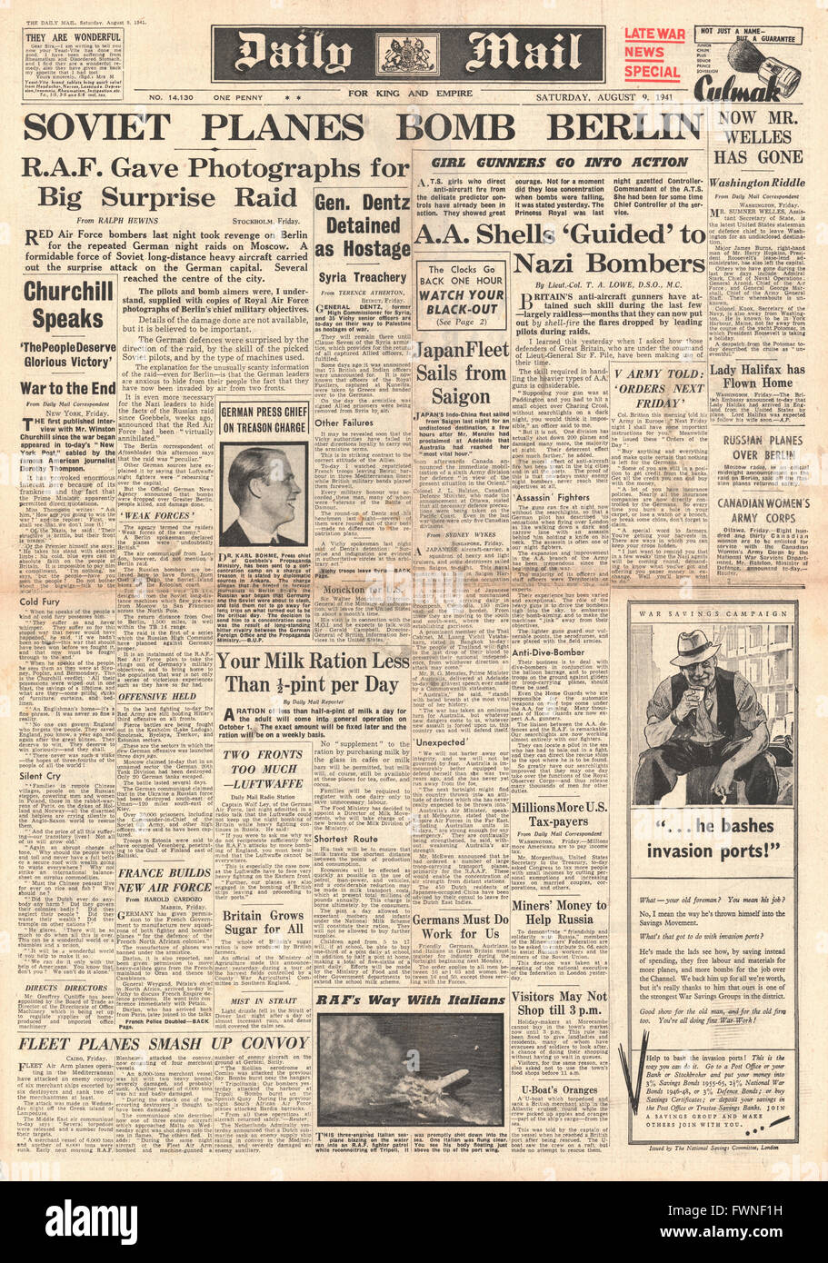 1941 Titelseite Daily Mail britische und Alliierte Offiziere aus Syrien geschmuggelt besetzte Gebiete Stockfoto