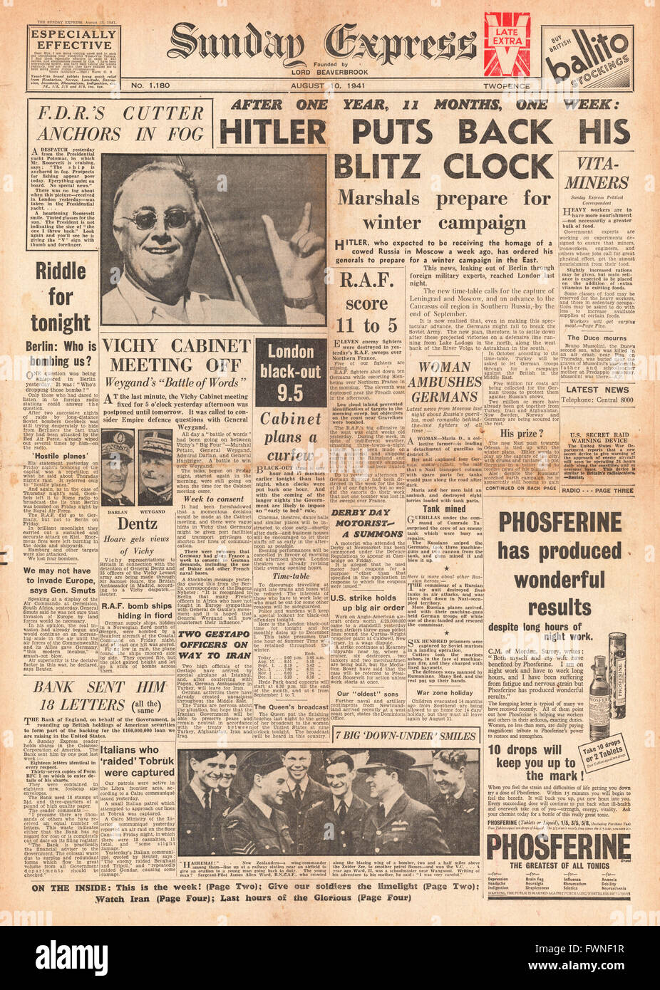 1941-Titelseite Sunday Express Hitler Preapres für Winter-Kampagne in Russland Stockfoto