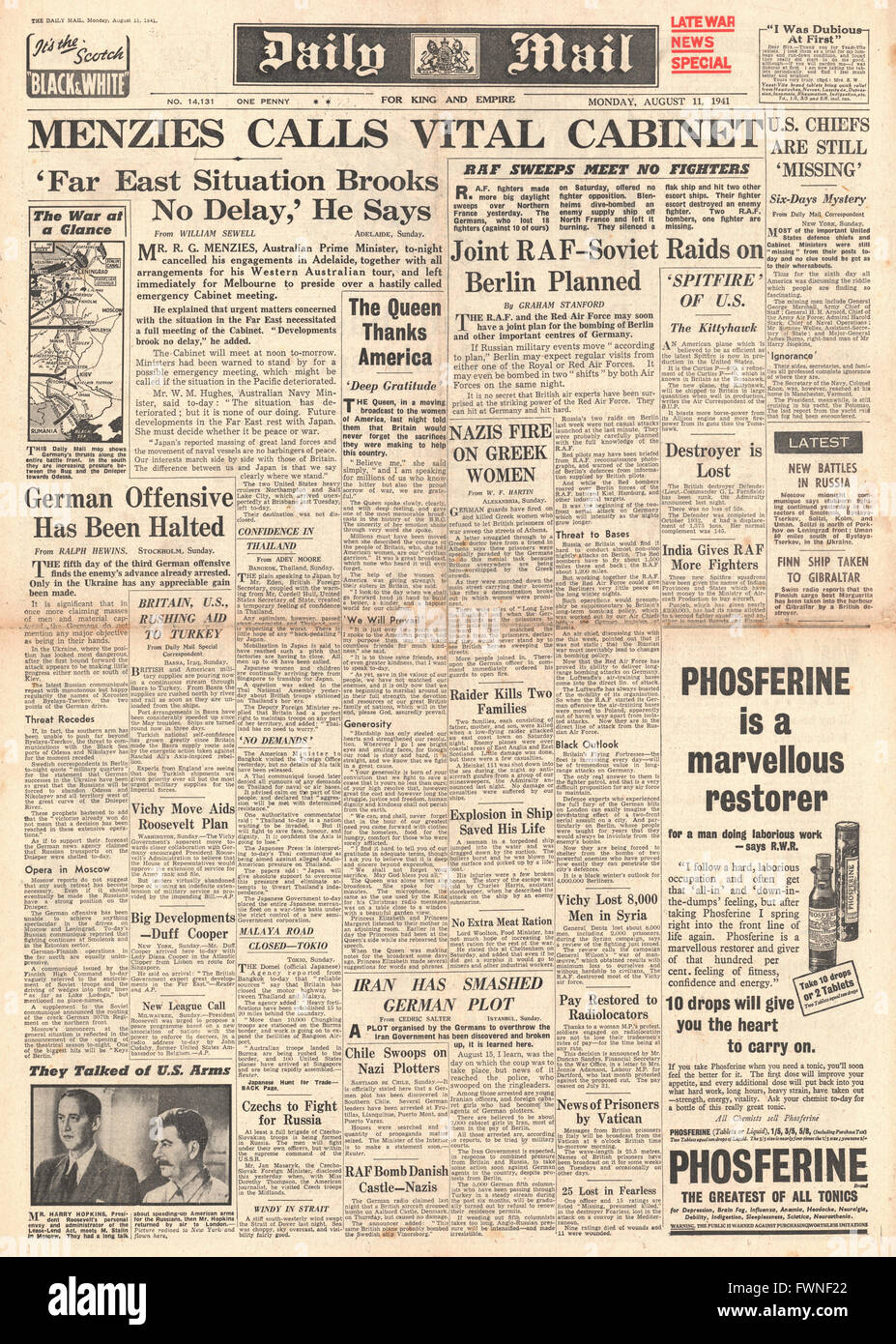 1941 fordert Titelseite Daily Mail australische Premierminister Robert Menzies Notfall Kabinettssitzung wegen Japan-Krise Stockfoto