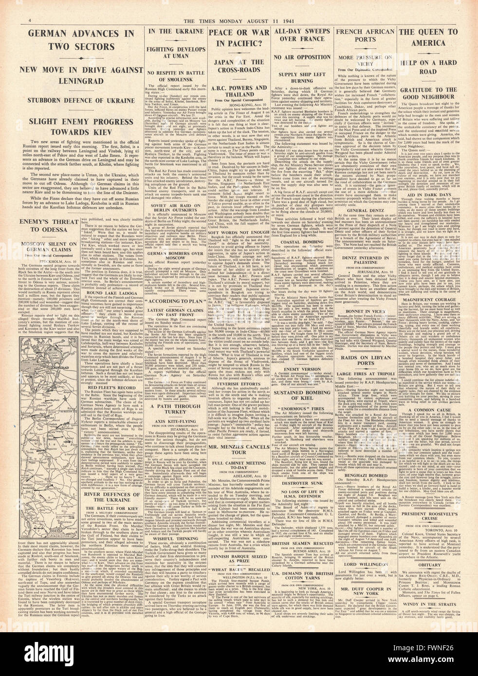 1941, Seite 4 Anrufe in The Times australische Premierminister Robert Menzies Notfall Kabinettssitzung über Japan-Krise und deutschen und russischen Armeen kämpfen in der Ukraine Stockfoto