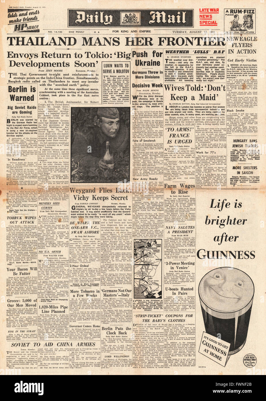 1941-Titelseite Tagespost Thailand mans ihre Grenze Stockfoto