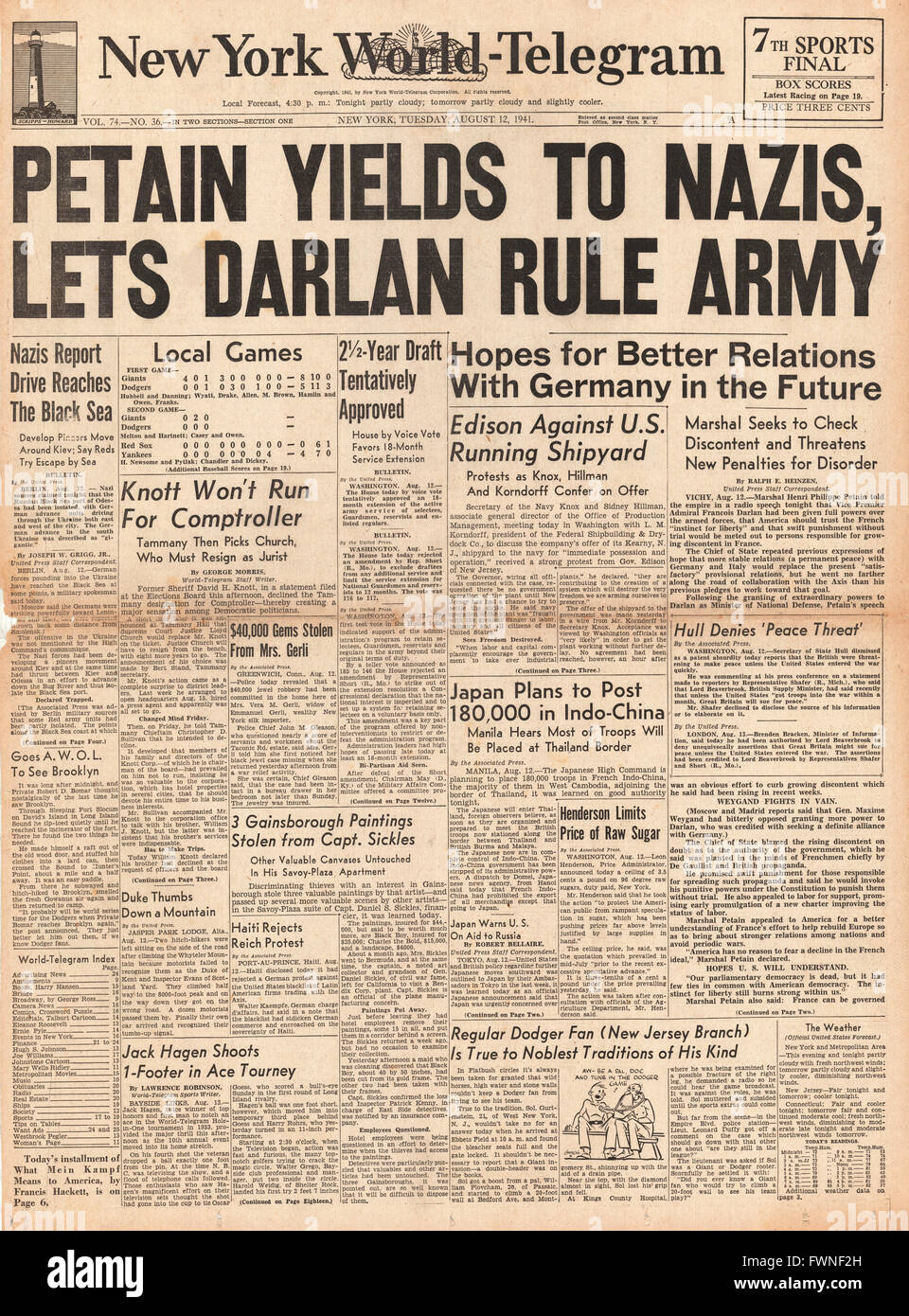 Titelseite 1941 New York World-Telegram Marschall Petain ernennt Admiral Darlan Oberbefehlshaber der französischen Streitkräfte Stockfoto