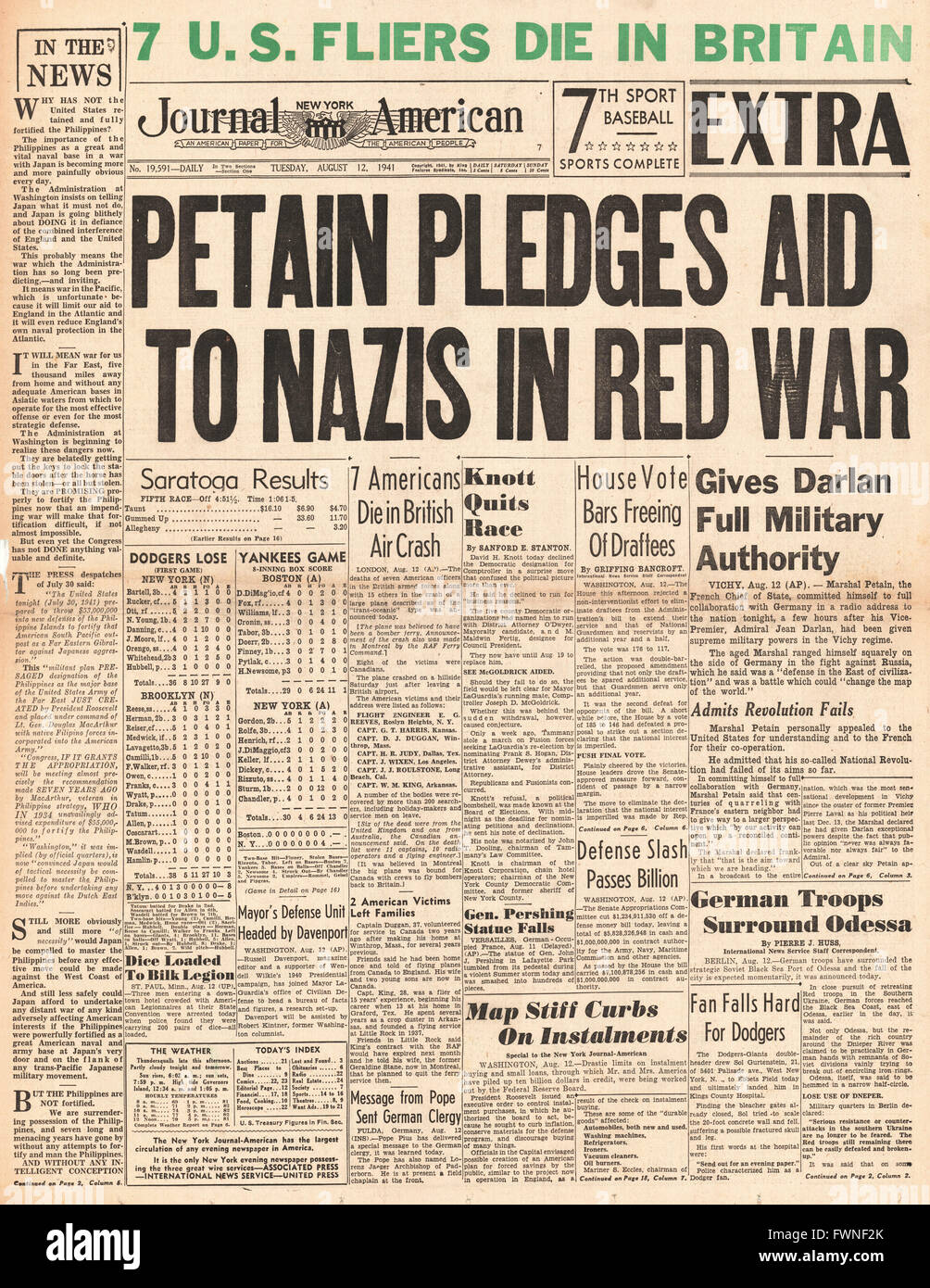 Titelseite 1941 New York Journal amerikanischen Petain verpflichtet sich Deutschland in Russland zu helfen Stockfoto