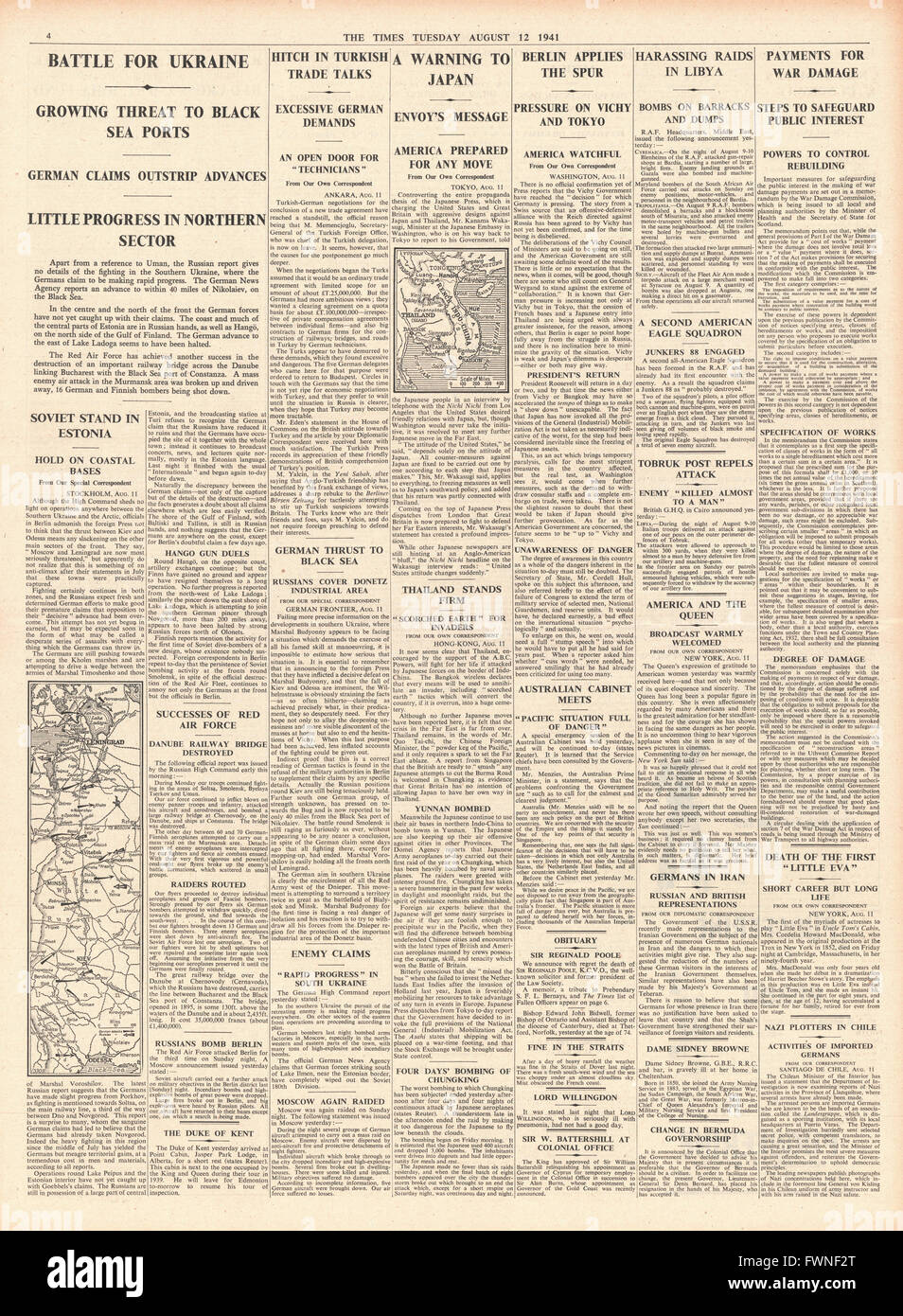 1941-Seite 4 nennt die Zeiten Schlacht für die Ukraine, australischer Premierminister Robert Menzies Notfall Kabinettssitzung über Krise in Japan und den USA Warnung nach Japan Stockfoto
